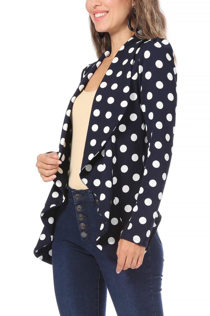 Women's Polka Dot Open Front Business Casual Work Office Long Sleeves Blazer Jacket FashionJOA