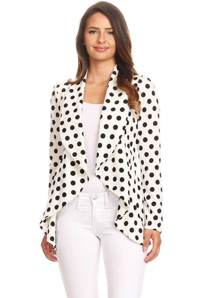 Women's Polka Dot Open Front Business Casual Work Office Long Sleeves Blazer Jacket FashionJOA