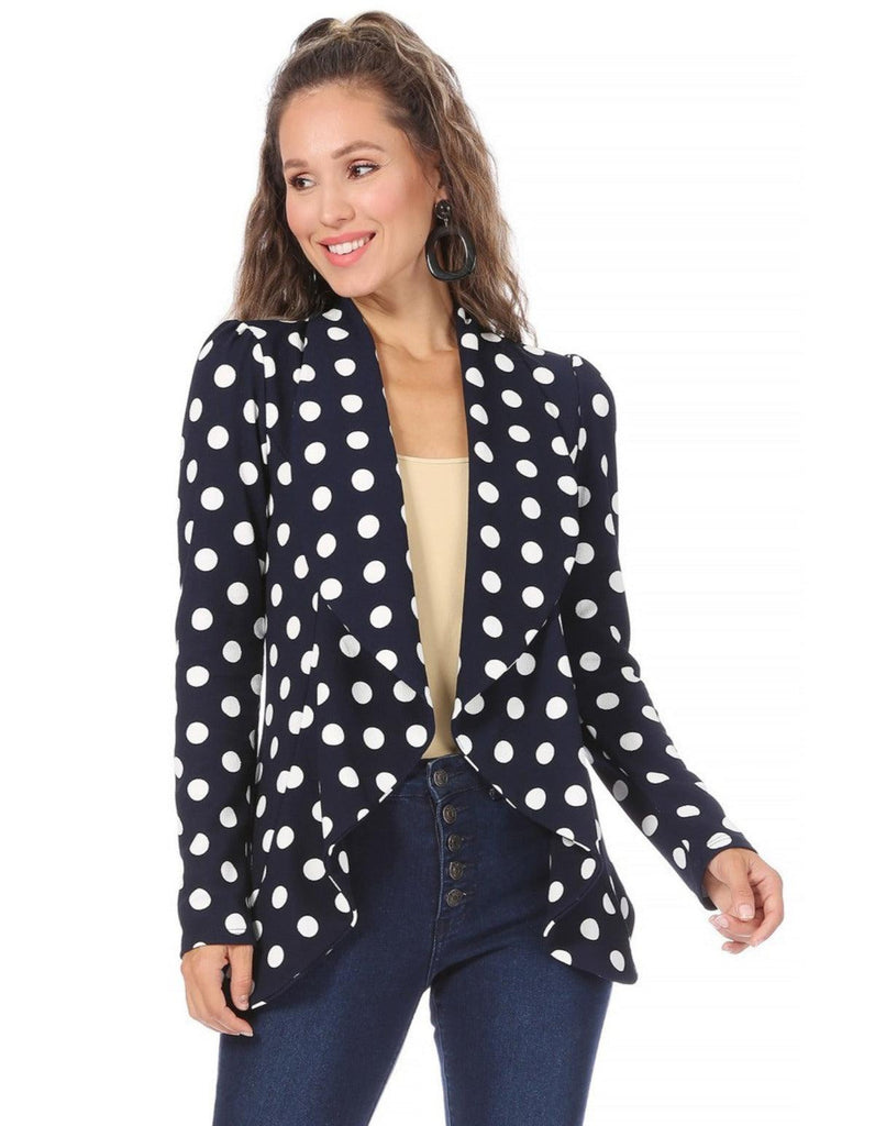 Women's Polka Dot Open Front Business Casual Work Office Long Sleeves Blazer Jacket FashionJOA