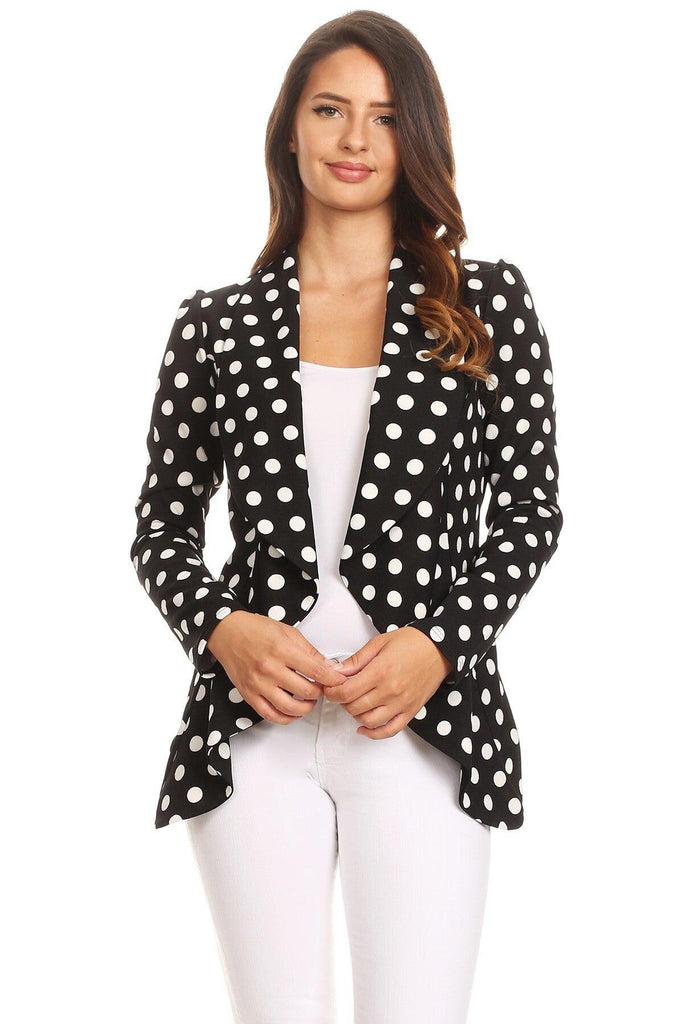 Women's Polka Dot Open Front Business Casual Work Office Long Sleeves Blazer Jacket FashionJOA