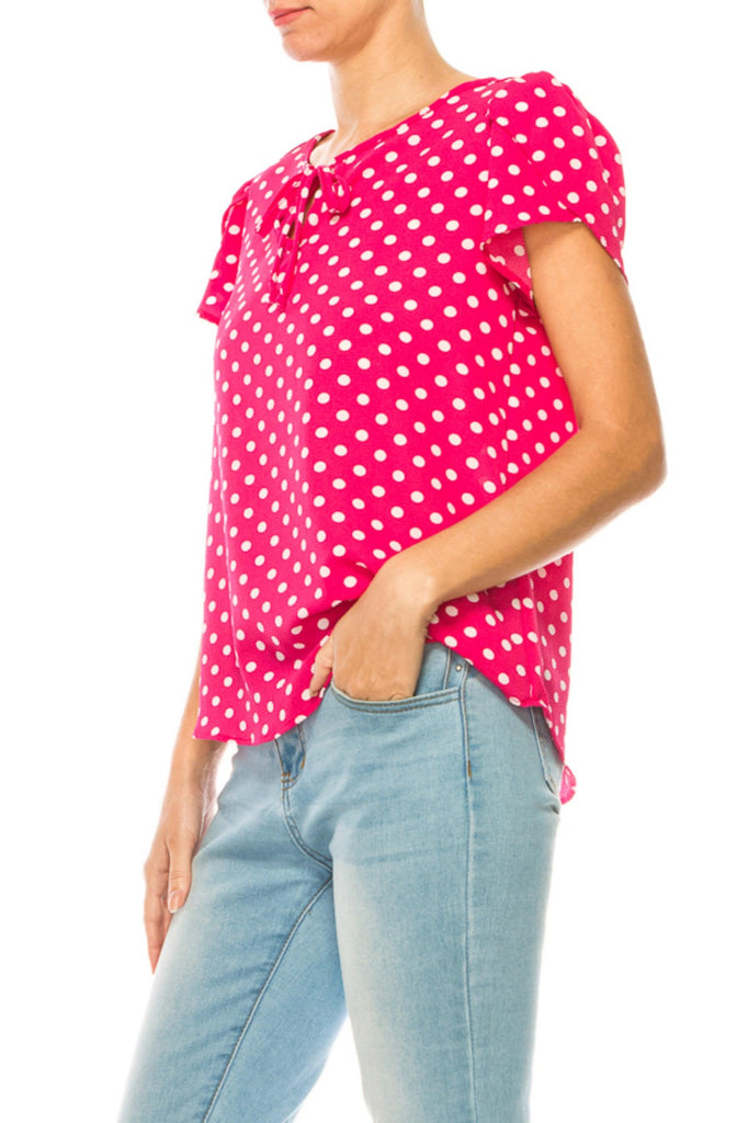 Women's Polka Dot Overlapping Short Sleeve Ribbon Accent Top FashionJOA