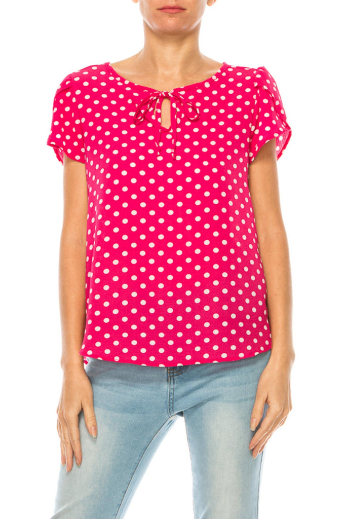 Women's Polka Dot Overlapping Short Sleeve Ribbon Accent Top FashionJOA