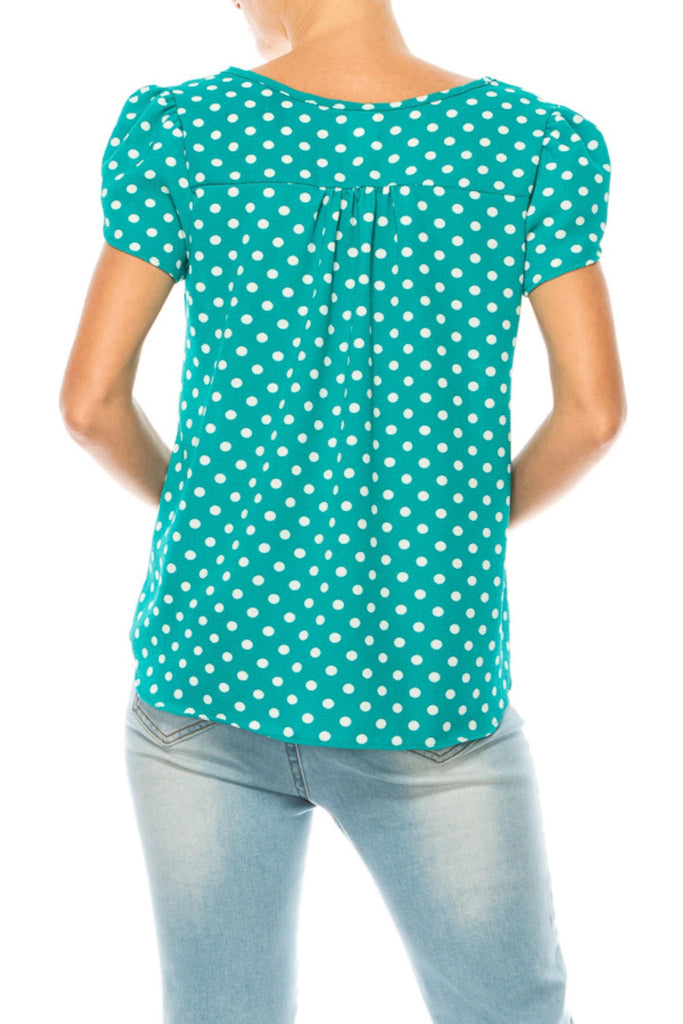 Women's Polka Dot Overlapping Short Sleeve Ribbon Accent Top FashionJOA