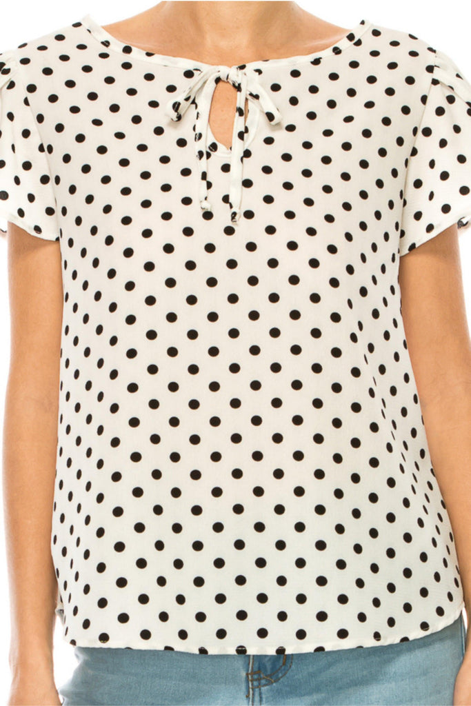 Women's Polka Dot Overlapping Short Sleeve Ribbon Accent Top FashionJOA