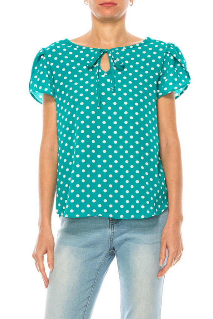 Women's Polka Dot Overlapping Short Sleeve Ribbon Accent Top FashionJOA