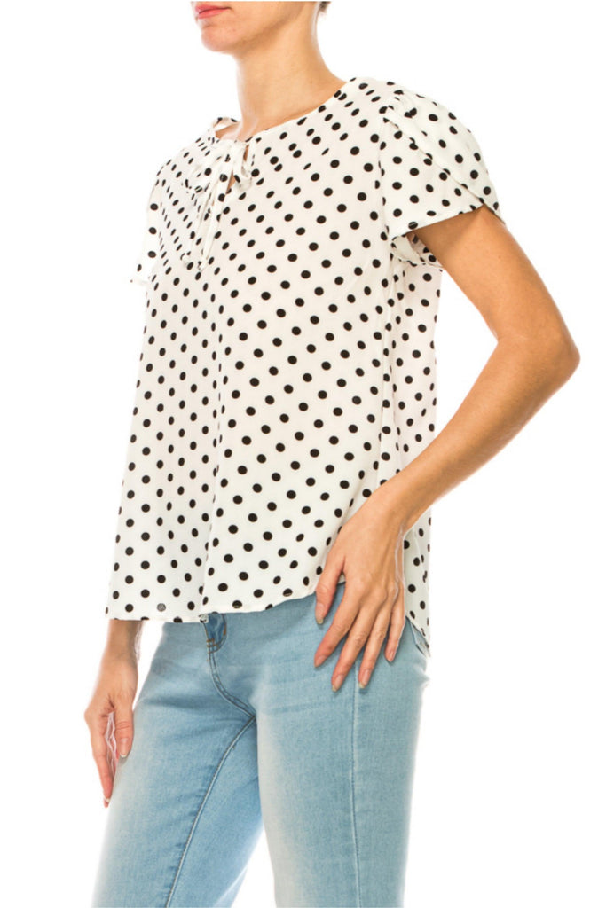 Women's Polka Dot Overlapping Short Sleeve Ribbon Accent Top FashionJOA