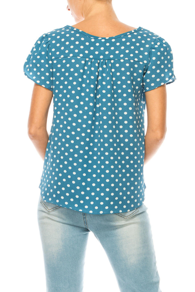 Women's Polka Dot Overlapping Short Sleeve Ribbon Accent Top FashionJOA