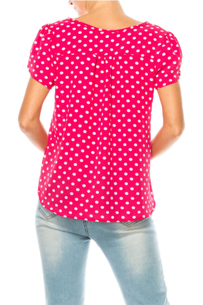 Women's Polka Dot Overlapping Short Sleeve Ribbon Accent Top FashionJOA