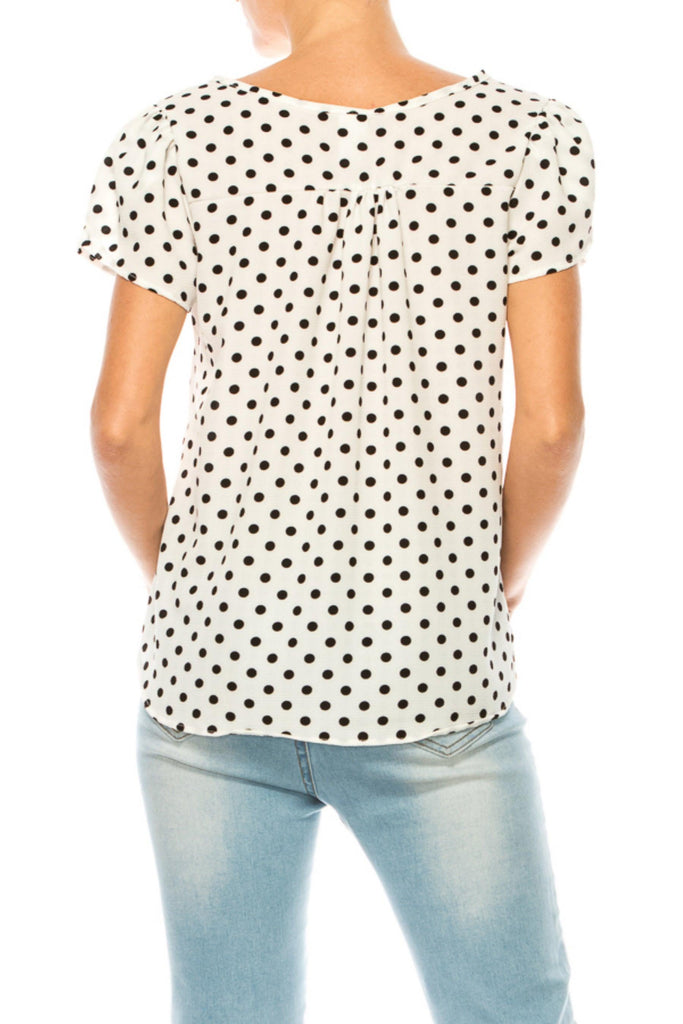 Women's Polka Dot Overlapping Short Sleeve Ribbon Accent Top FashionJOA