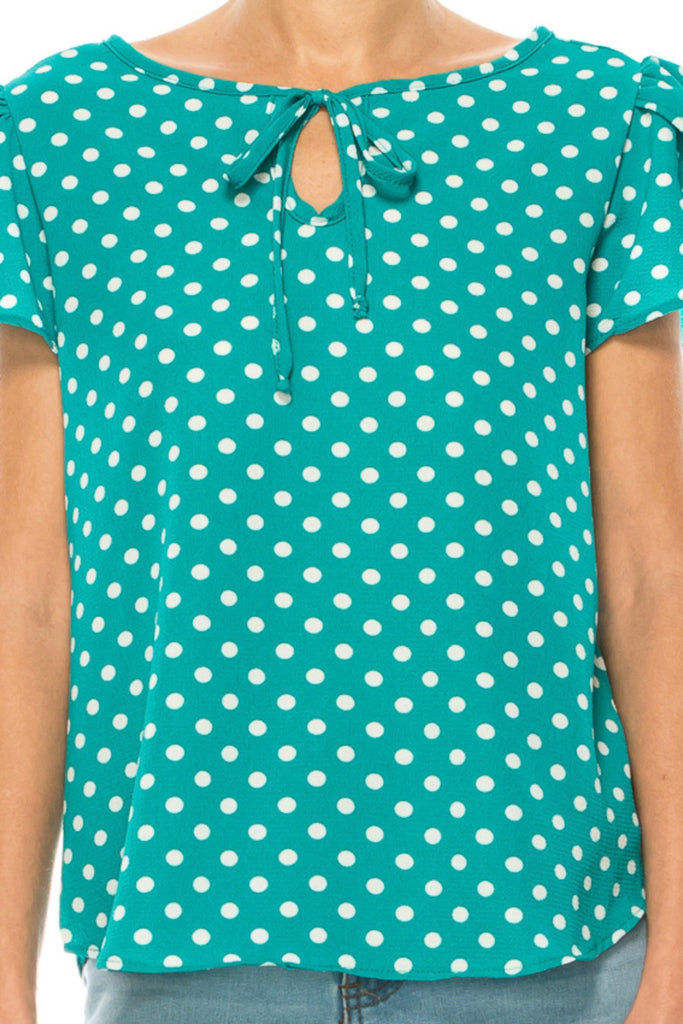 Women's Polka Dot Overlapping Short Sleeve Ribbon Accent Top FashionJOA