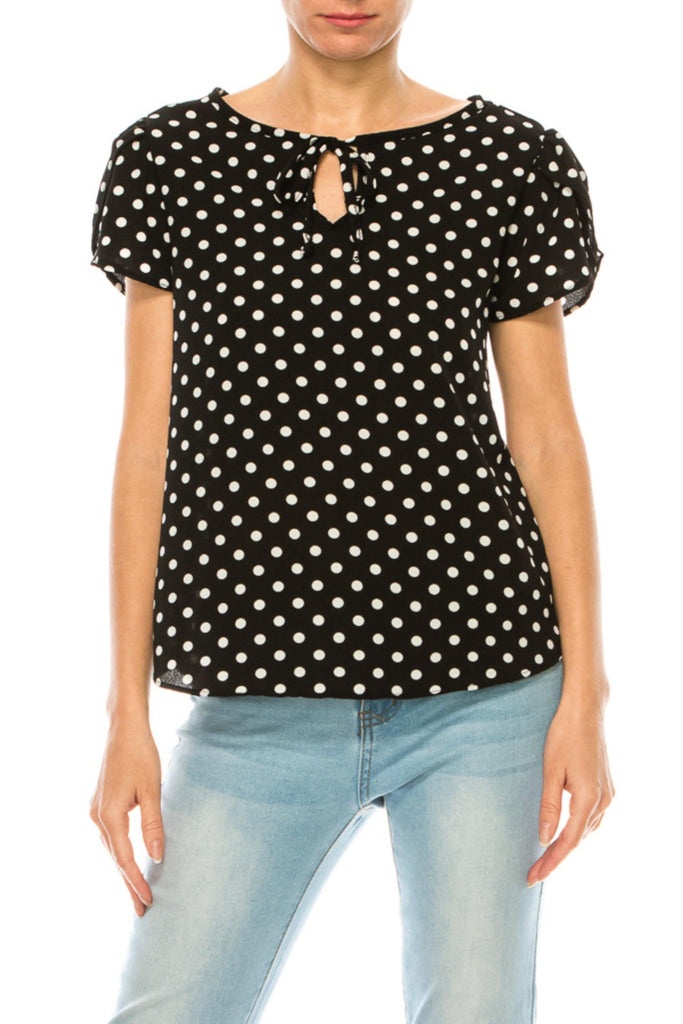 Women's Polka Dot Overlapping Short Sleeve Ribbon Accent Top FashionJOA