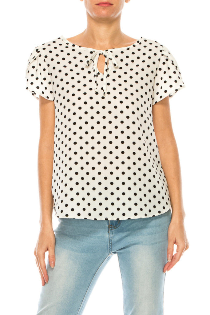 Women's Polka Dot Overlapping Short Sleeve Ribbon Accent Top FashionJOA