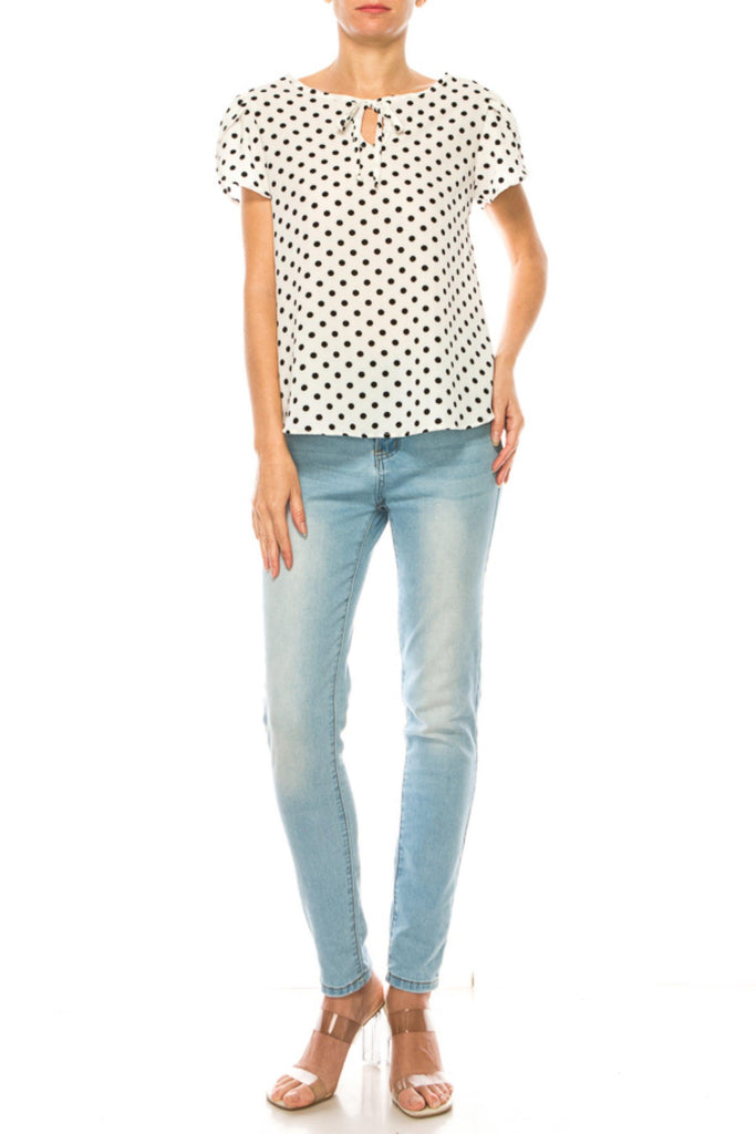 Women's Polka Dot Overlapping Short Sleeve Ribbon Accent Top FashionJOA