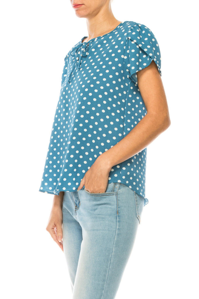 Women's Polka Dot Overlapping Short Sleeve Ribbon Accent Top FashionJOA