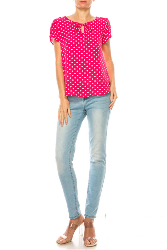 Women's Polka Dot Overlapping Short Sleeve Ribbon Accent Top FashionJOA