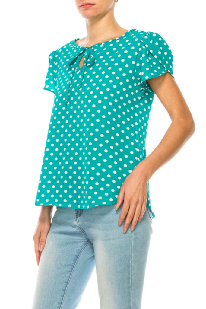 Women's Polka Dot Overlapping Short Sleeve Ribbon Accent Top FashionJOA