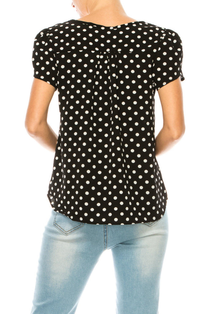 Women's Polka Dot Overlapping Short Sleeve Ribbon Accent Top FashionJOA