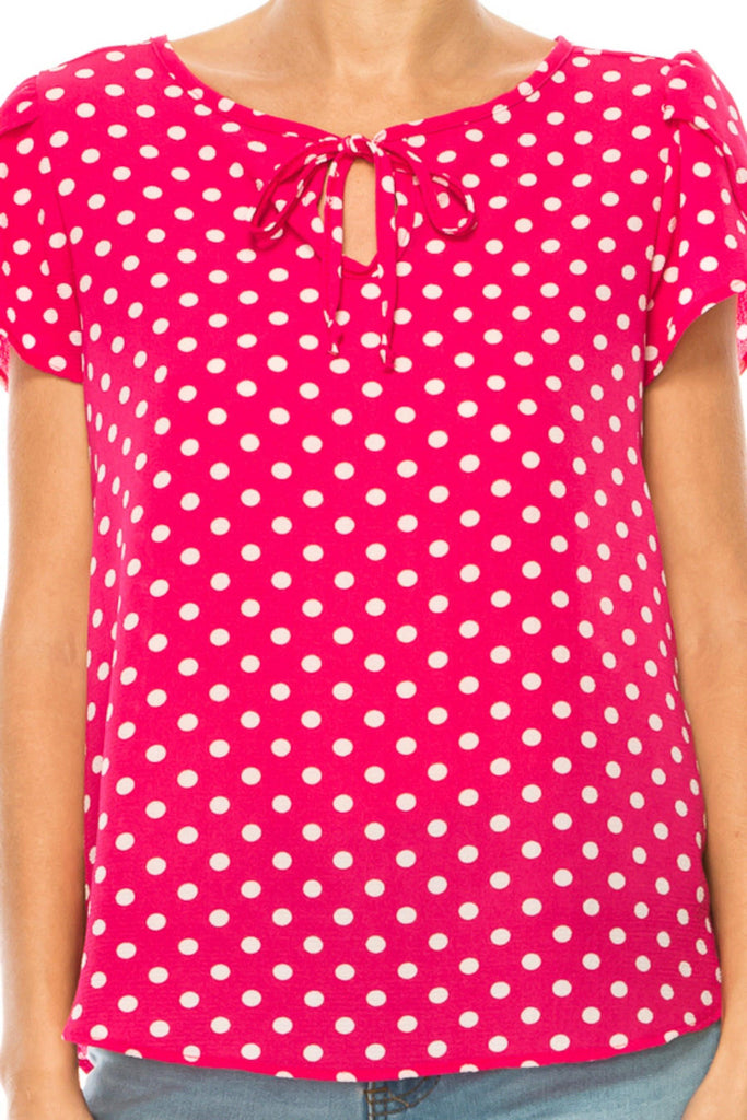 Women's Polka Dot Overlapping Short Sleeve Ribbon Accent Top FashionJOA