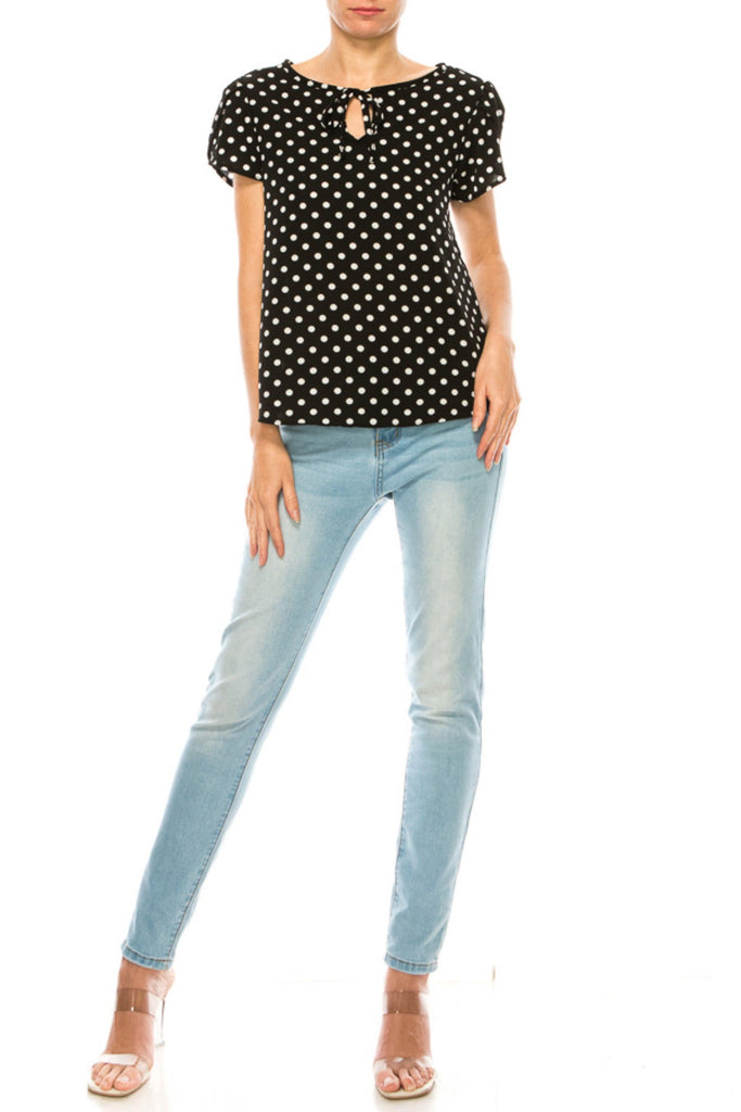 Women's Polka Dot Overlapping Short Sleeve Ribbon Accent Top FashionJOA