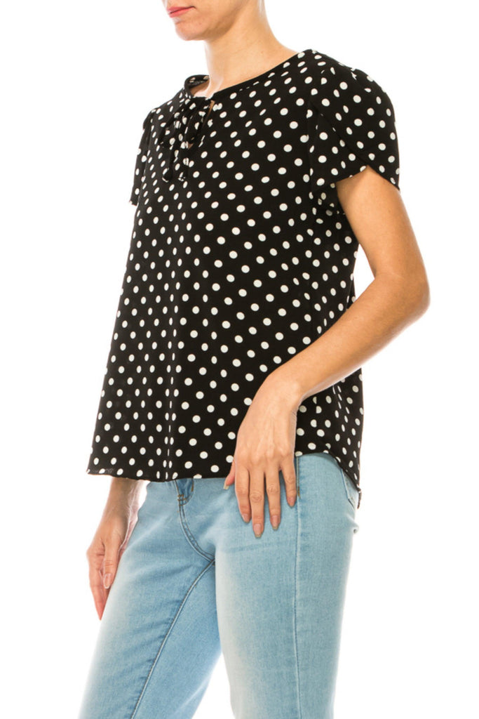 Women's Polka Dot Overlapping Short Sleeve Ribbon Accent Top FashionJOA