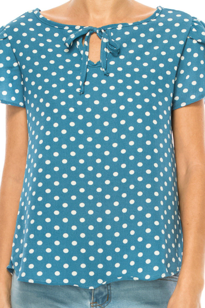 Women's Polka Dot Overlapping Short Sleeve Ribbon Accent Top FashionJOA