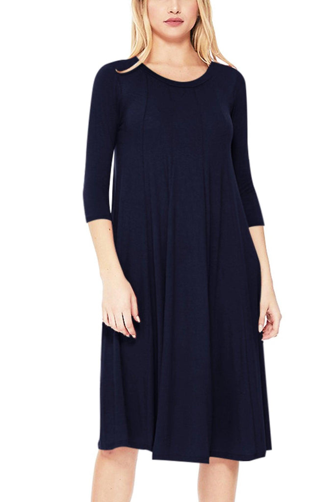 Women's Relaxed Fit 3/4 Sleeve Round Neck A-Line Long Dress FashionJOA