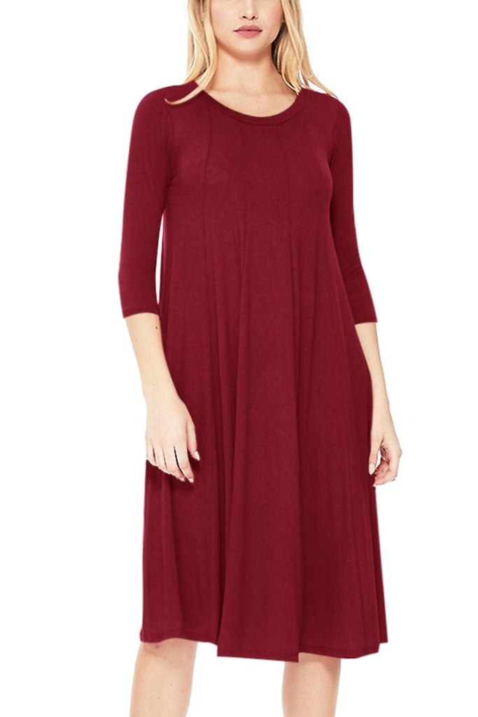 Women's Relaxed Fit 3/4 Sleeve Round Neck A-Line Long Dress FashionJOA