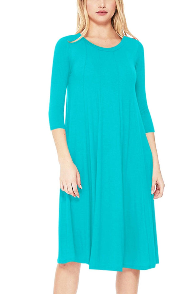 Women's Relaxed Fit 3/4 Sleeve Round Neck A-Line Long Dress FashionJOA