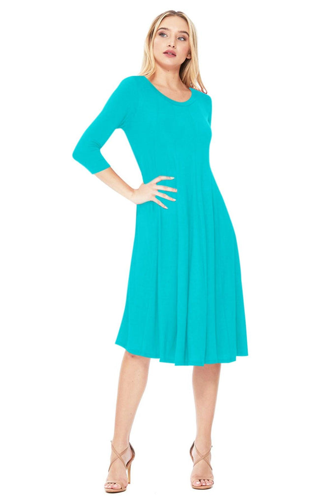 Women's Relaxed Fit 3/4 Sleeve Round Neck A-Line Long Dress FashionJOA