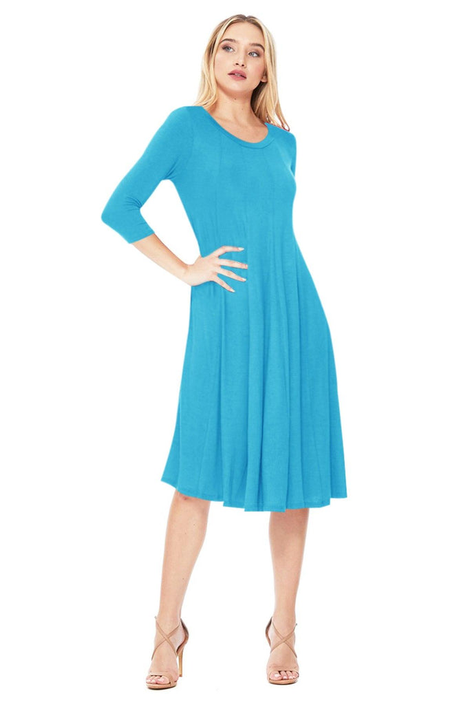 Women's Relaxed Fit 3/4 Sleeve Round Neck A-Line Long Dress FashionJOA