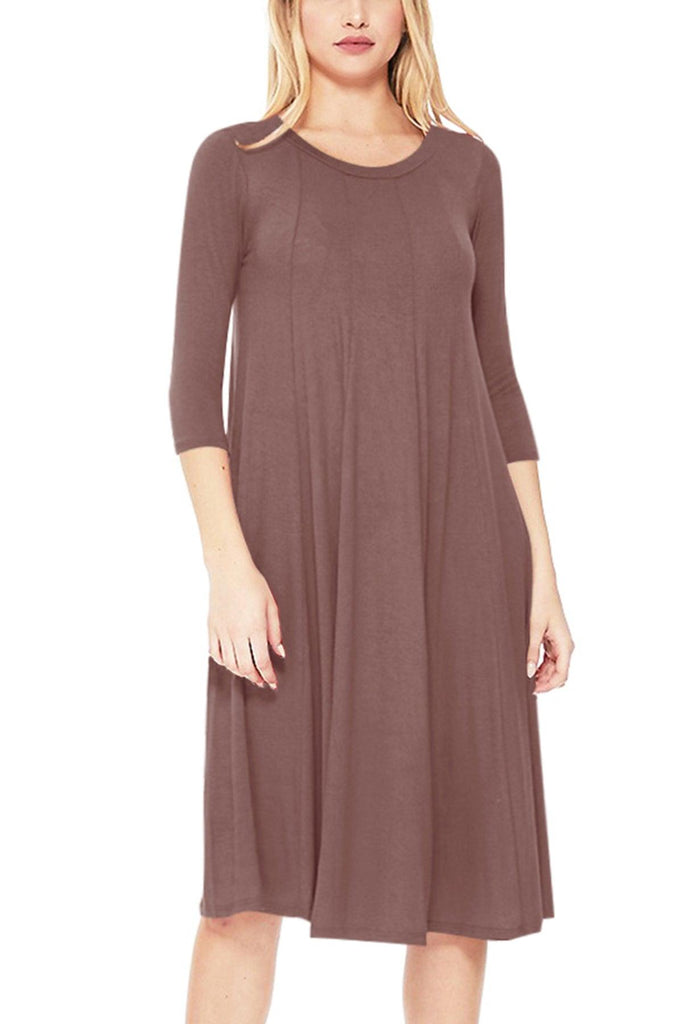 Women's Relaxed Fit 3/4 Sleeve Round Neck A-Line Long Dress FashionJOA