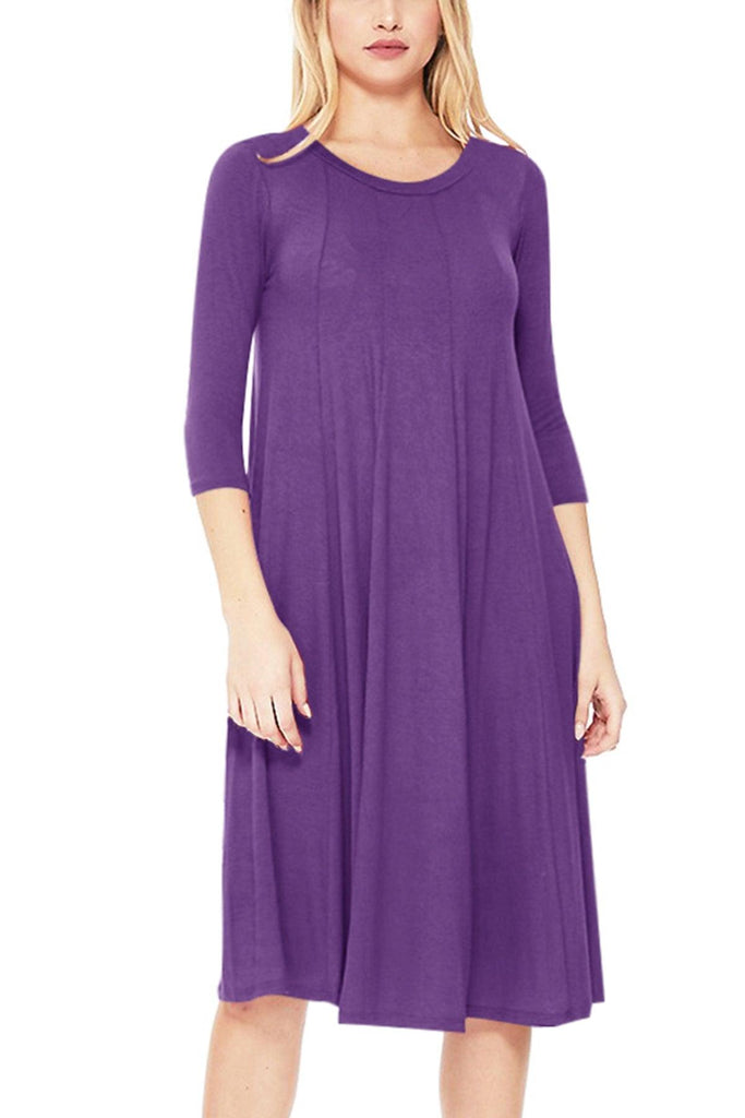 Women's Relaxed Fit 3/4 Sleeve Round Neck A-Line Long Dress FashionJOA