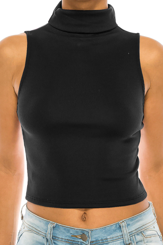 Women's Ribbed Sleeveless High Turtleneck Fitted Knit Crop Tank Top FashionJOA