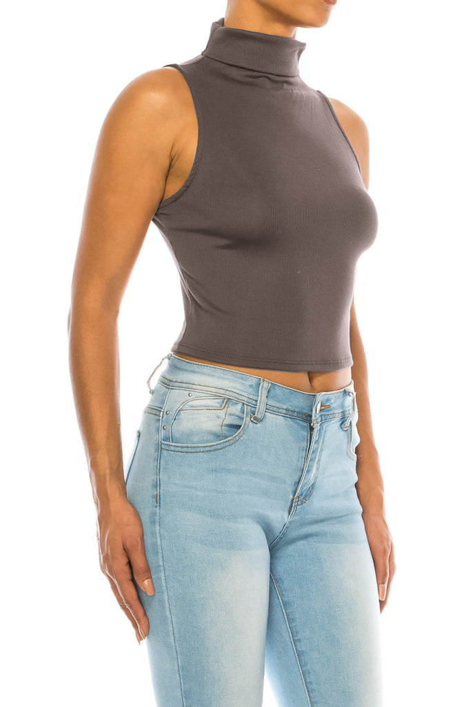 Women's Ribbed Sleeveless High Turtleneck Fitted Knit Crop Tank Top FashionJOA