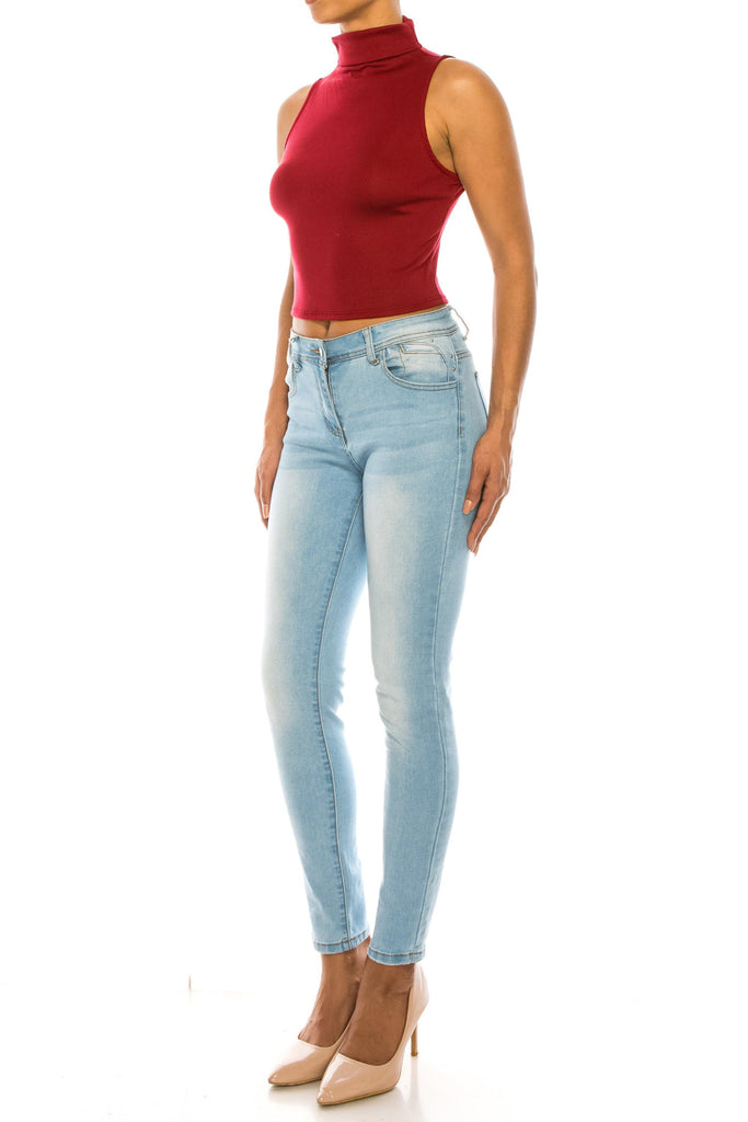 Women's Ribbed Sleeveless High Turtleneck Fitted Knit Crop Tank Top FashionJOA