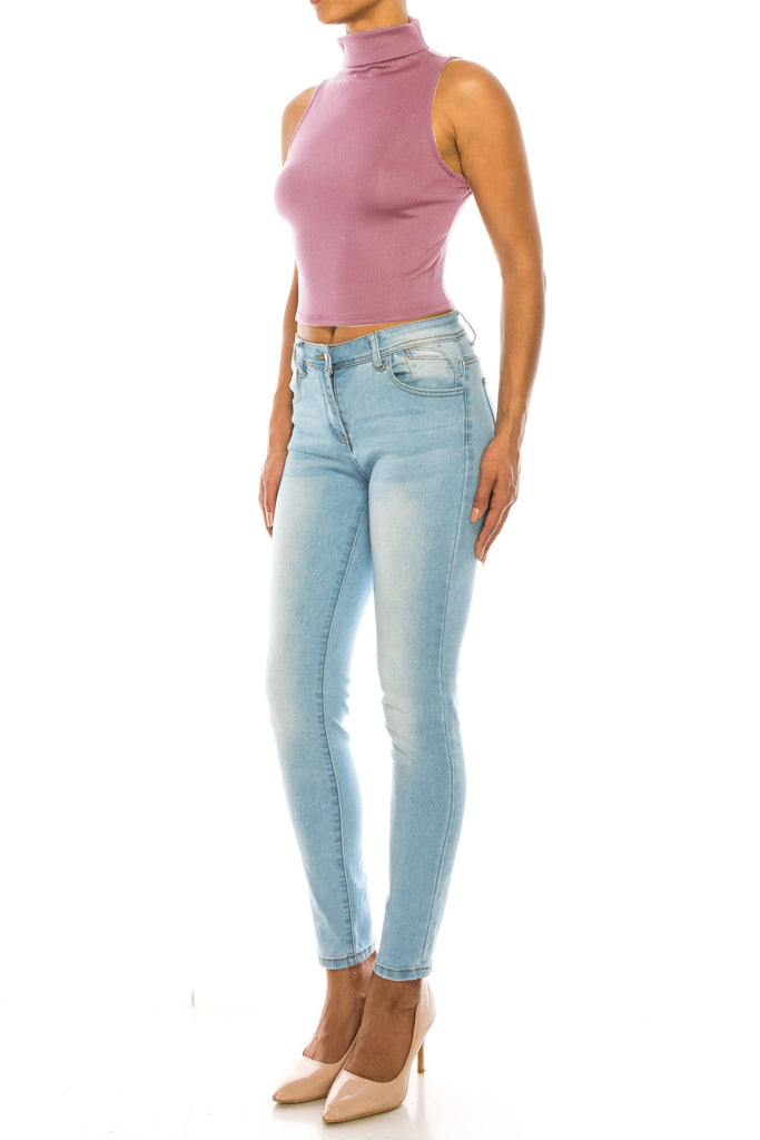 Women's Ribbed Sleeveless High Turtleneck Fitted Knit Crop Tank Top FashionJOA