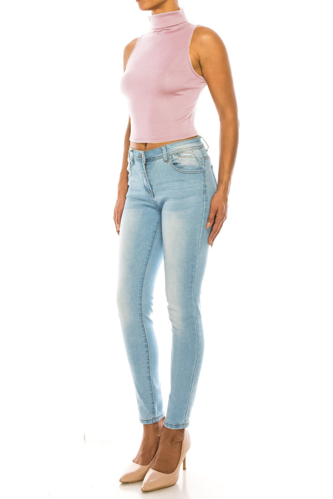 Women's Ribbed Sleeveless High Turtleneck Fitted Knit Crop Tank Top FashionJOA