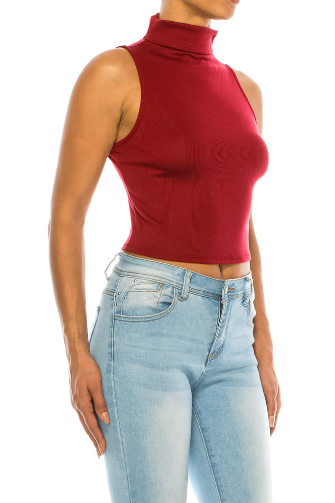 Women's Ribbed Sleeveless High Turtleneck Fitted Knit Crop Tank Top FashionJOA