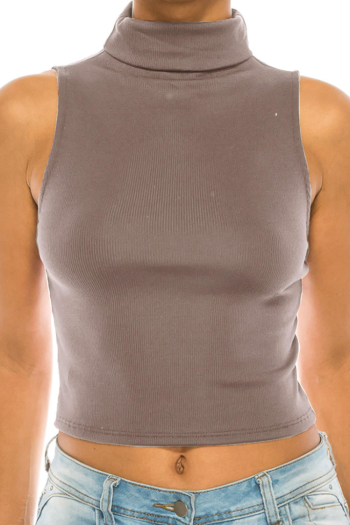 Women's Ribbed Sleeveless High Turtleneck Fitted Knit Crop Tank Top FashionJOA