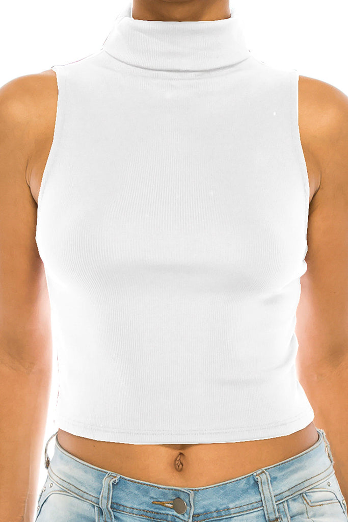 Women's Ribbed Sleeveless High Turtleneck Fitted Knit Crop Tank Top FashionJOA