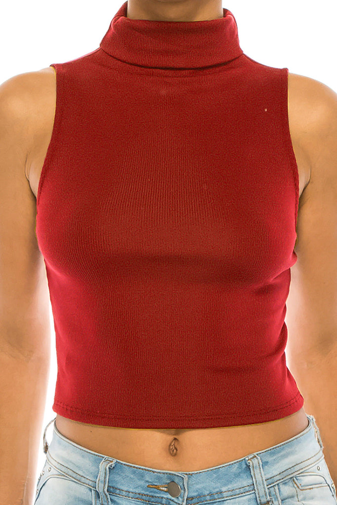 Women's Ribbed Sleeveless High Turtleneck Fitted Knit Crop Tank Top FashionJOA