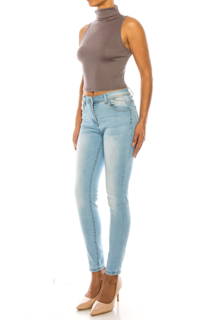 Women's Ribbed Sleeveless High Turtleneck Fitted Knit Crop Tank Top FashionJOA