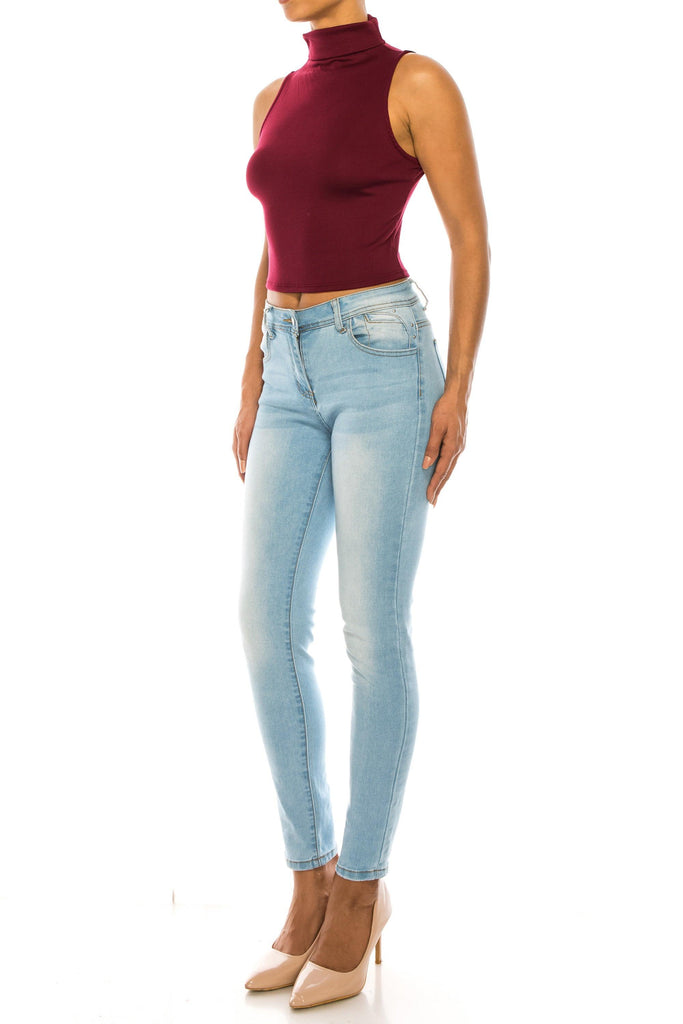 Women's Ribbed Sleeveless High Turtleneck Fitted Knit Crop Tank Top FashionJOA