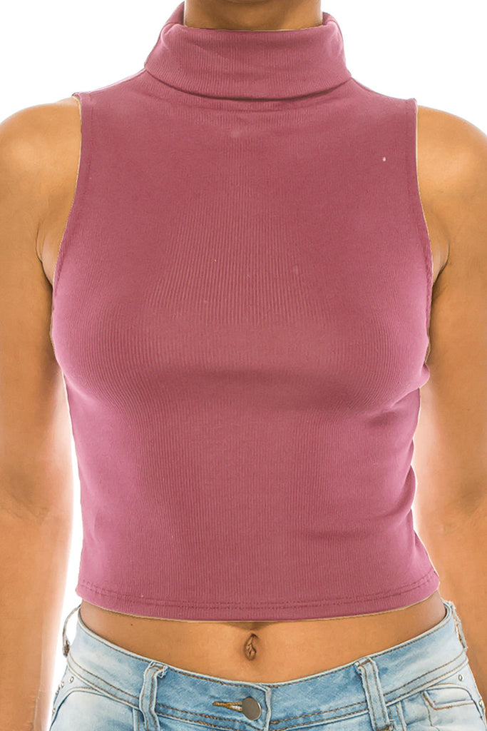 Women's Ribbed Sleeveless High Turtleneck Fitted Knit Crop Tank Top FashionJOA