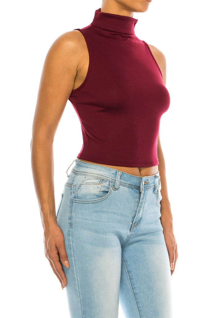 Women's Ribbed Sleeveless High Turtleneck Fitted Knit Crop Tank Top FashionJOA