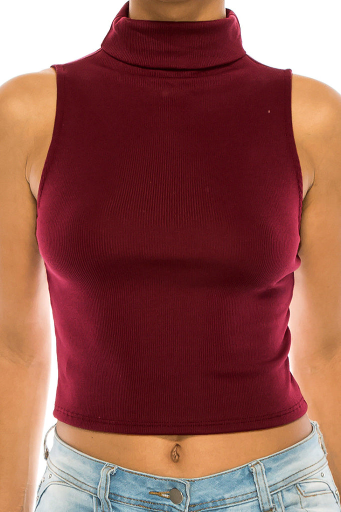 Women's Ribbed Sleeveless High Turtleneck Fitted Knit Crop Tank Top FashionJOA