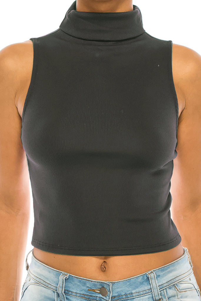 Women's Ribbed Sleeveless High Turtleneck Fitted Knit Crop Tank Top FashionJOA