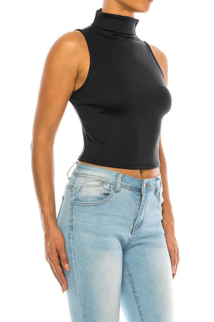 Women's Ribbed Sleeveless High Turtleneck Fitted Knit Crop Tank Top FashionJOA