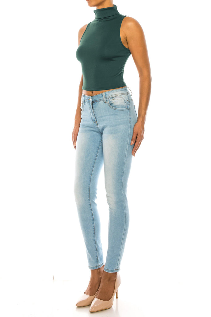 Women's Ribbed Sleeveless High Turtleneck Fitted Knit Crop Tank Top FashionJOA