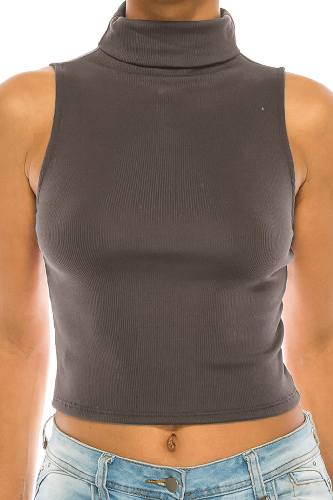 Women's Ribbed Sleeveless High Turtleneck Fitted Knit Crop Tank Top FashionJOA